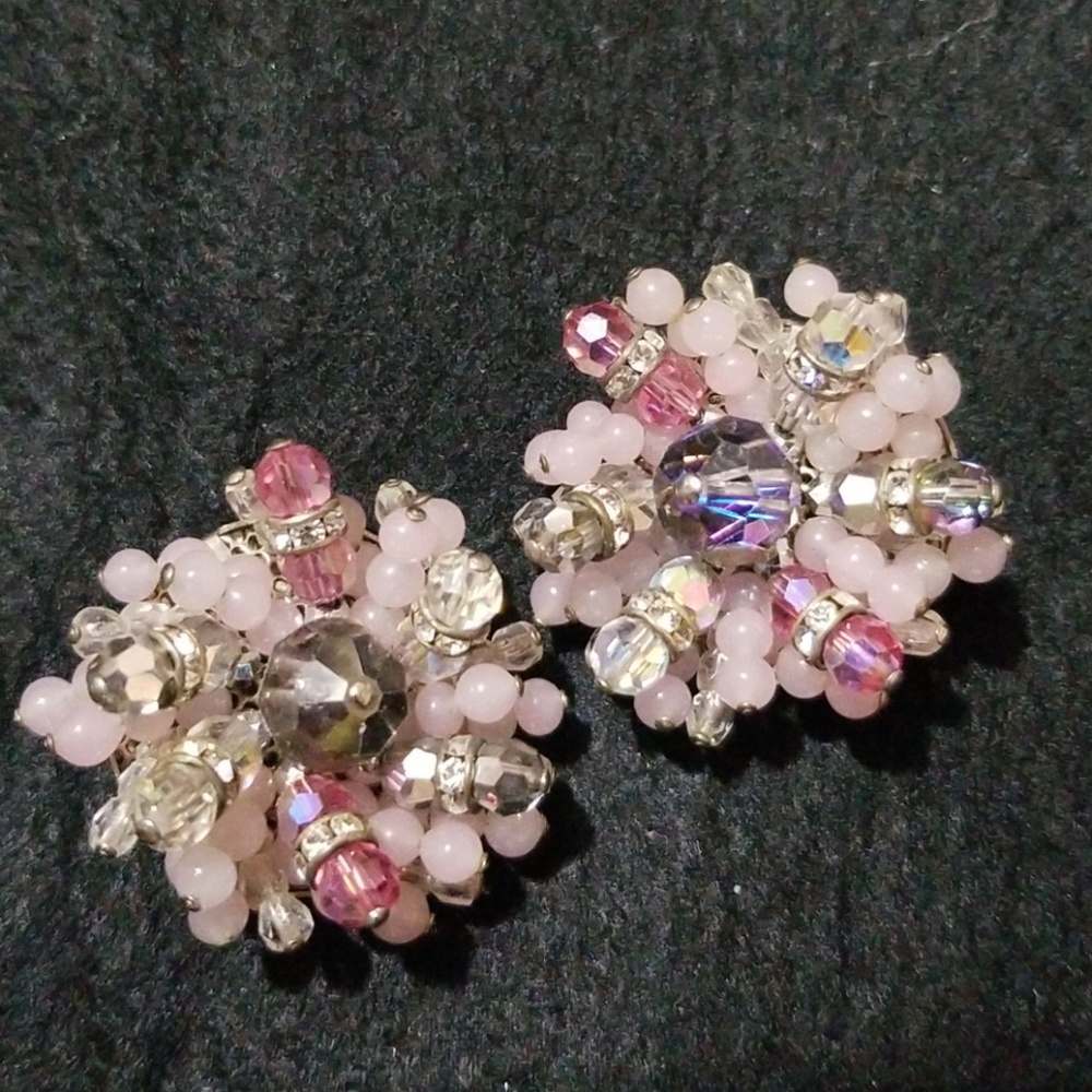 Vintage Pink All Glass Beads Cluster Clip Earrings